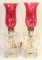 Pair of Vintage Cranberry Glass Hurricane Lamps With 8 Crystals Each