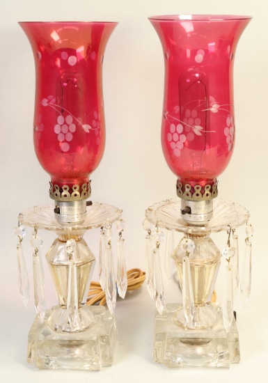 Pair of Vintage Cranberry Glass Hurricane Lamps With 8 Crystals Each