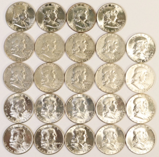 24 Franklin Silver Half Dollars; Various Dates/Mints