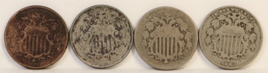4 Shield Nickels; 1867, 1868, 1872 & 1883