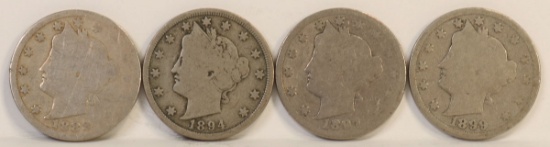 4 Liberty Head V Nickels; 1888, 1894, 1897 & 1899
