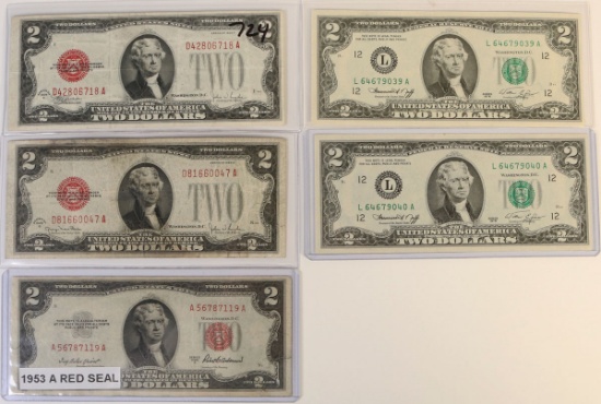 1928 F & G $2 Red Seal Notes w/Large TWO, 1935A $2 Red Seal Note &