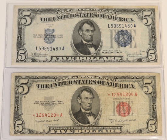 1934C $5 Blue Seal Silver Certificate & 1953B $5 Red Seal Star Note