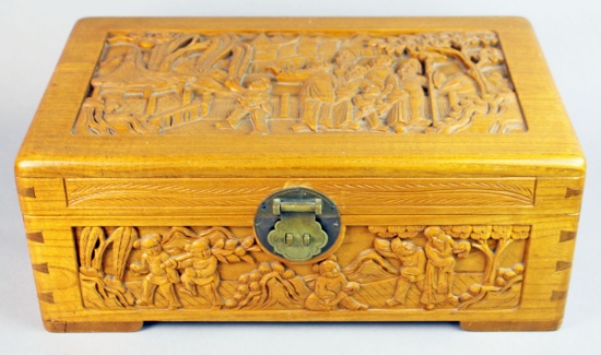 Asian Carved Wooden Box w/ Lock & Key