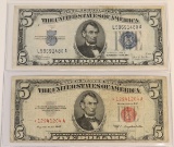 1934C $5 Blue Seal Silver Certificate & 1953B $5 Red Seal Star Note