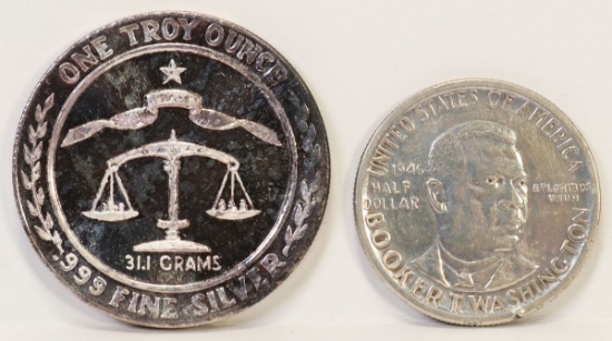 One Troy Oz. .999 Fine Silver & 1946 Booker T Washington Silver Half Dollar