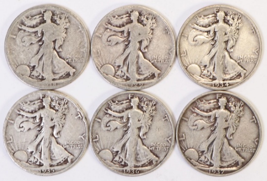 6 Walking Liberty Half Dollars Various dates/Mints