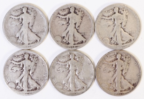 6 Walking Liberty Half Dollars Various dates/Mints