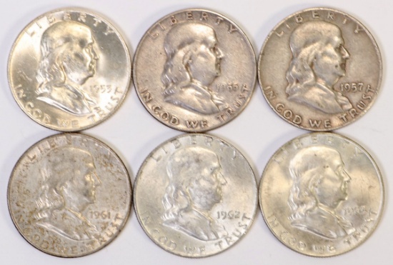 6 Franklin Silver Half Dollars