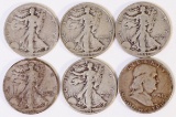 5 Walking Liberty & 1 Franklin Half Dollars