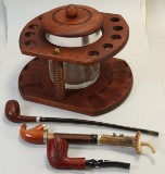 Vintage Pipe Holder w/Tobacco Jar & 3 Pipes
