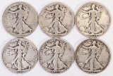 6 Walking Liberty Half Dollars Various dates/Mints