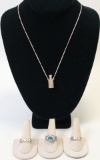 3 Sterling/925 Rings & Silver Colored Necklace W/Pendant