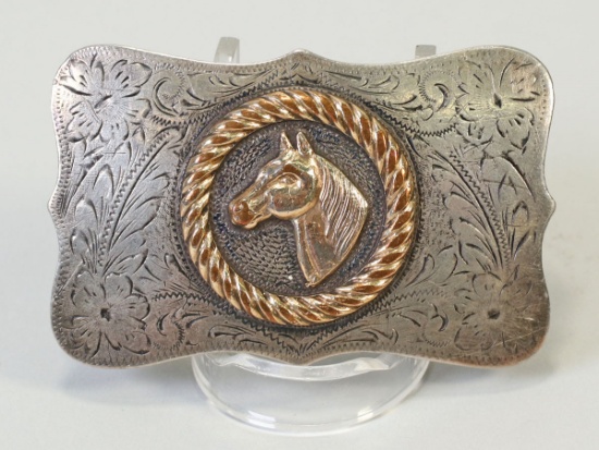 Sterling Silver Horse Belt Buckle w/ Gold Overlay Horse