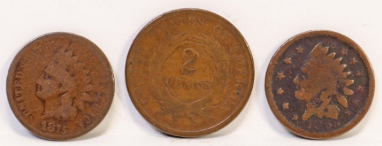 2 Indian Head Cents (1863,1875) & 1864 2 Cent Piece
