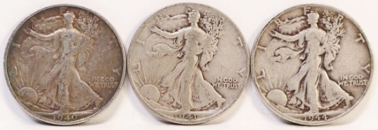 3 Walking Liberty Half Dollars; 1940-S,1941-S,1944-S