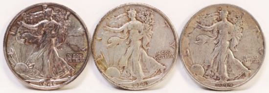 3 Walking Liberty Half Dollars; 1942-S,1943-D,1944-S