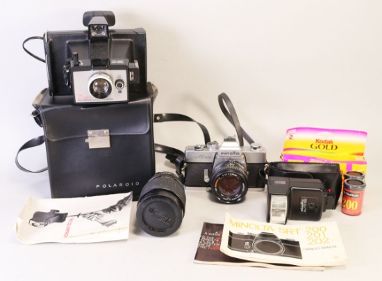 Minolta SR-T202 Film Camera w/Flash & Extra Lens, Polaroid Land Camera & Film