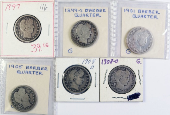 6 Barber Quarters; 1897,1899-S,1901,1905,2-1908-O