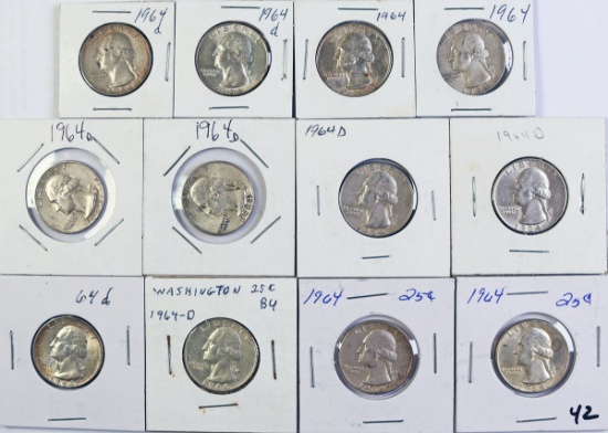 12 - 1964 Washington Silver Quarters; Various Mints