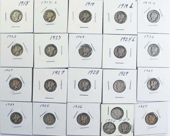 22 Mercury Dimes; Various Dates/Mints