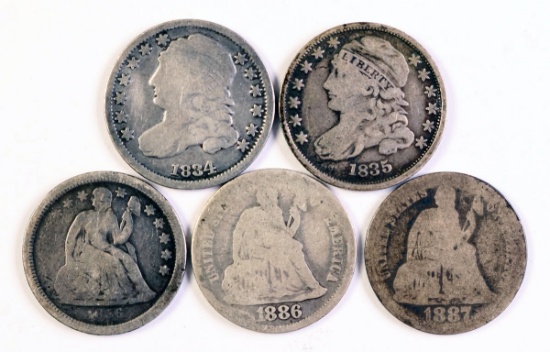 1834 & 1835 Liberty Bust Dimes & 3 Seated Liberty Dimes; 1856,1886,1887