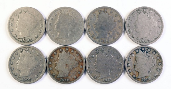 8 Liberty "V" Nickels; 1904,1905,1906,1907,1908,1910,1911,1912