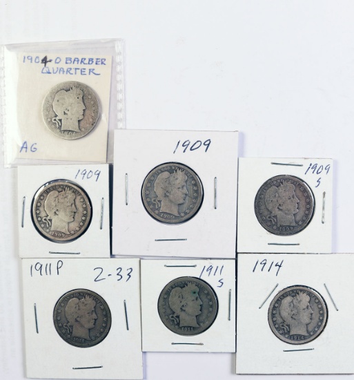 7 Barber Quarters; 1904-O,2-1909,1909-S,1911,1911-S,1914