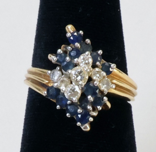 18K Gold Ring W/Diamonds & Blue Gemstones, 6 Grams