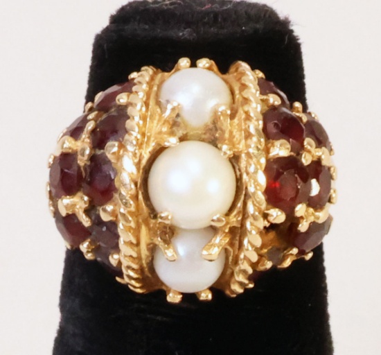 14K Gold Pearl & Red Gemstone Cocktail Ring, 7.1 Grams