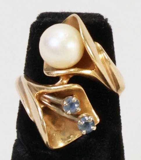 14K Gold Pearl & Blue Gemstone Ring, 6.4 Grams