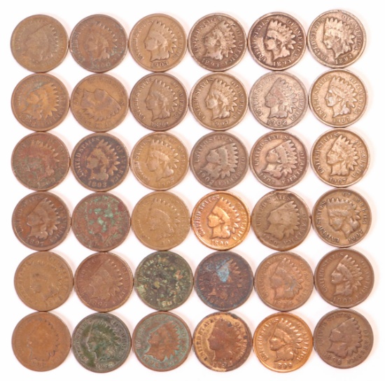 36 +/- Indian Head Pennies, Various Dates/Mints