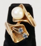 14K Gold Pearl & Blue Gemstone Ring, 6.4 Grams