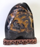 Chinese Black Carved Scholar Rock w/Wooden Stand