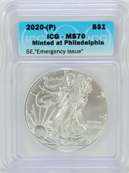 2020-P SE, Emergency Issue American Eagle 1 oz. Fine Silver Dollar, ICG MS70