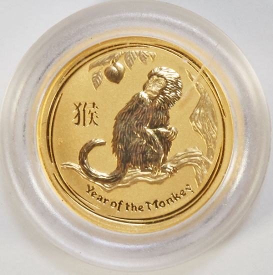 2016 $5 Australia Lunar Year Of The Monkey, 1/20 oz. .999 Fine Gold Coin