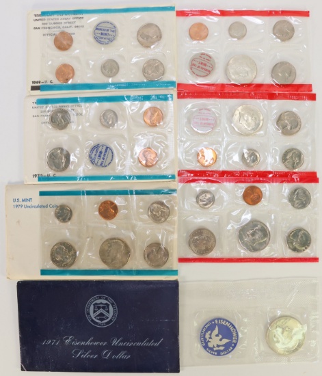 1969, 1970 & 1979 US Mint Uncirculated Coin Sets + 1971 Eisenhower 40% Silver Dollar