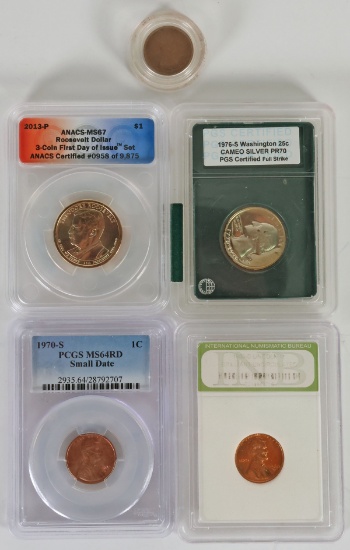 1909 VDB Lincoln Wheat Penny & 4 Graded Coins; 1960-D Lincoln Unc by INB &