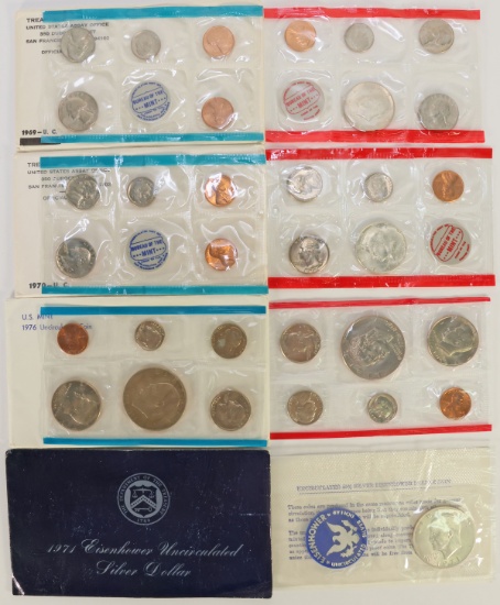 1969, 1970 & 1976 US Mint Uncirculated Coin Sets + 1971 Eisenhower 40% Silver Dollar