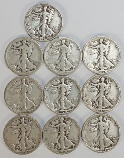 10 Walking Liberty Silver Half Dollars