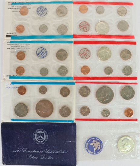 1969, 1970 & 1976 US Mint Uncirculated Coin Sets + 1971 Eisenhower 40% Silver Dollar