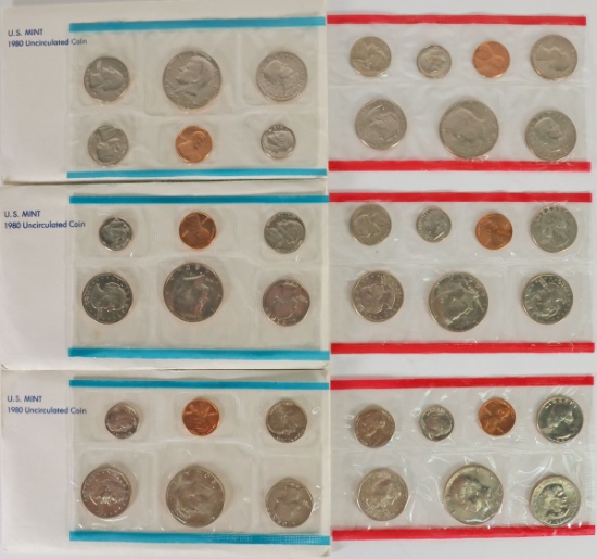 3 1980 US Mint Uncirculated Coin Sets