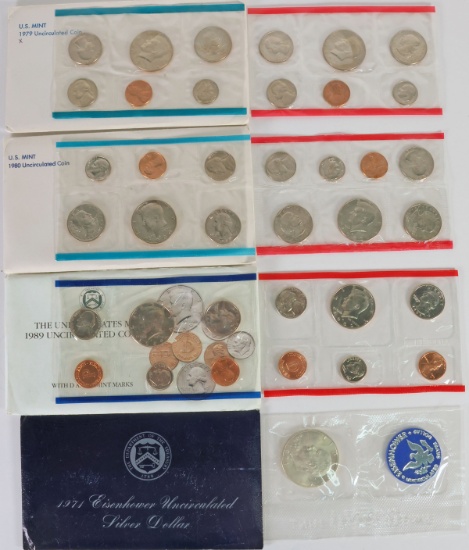 1979, 1980 & 1989 US Mint Uncirculated Coin Sets + 1971 Eisenhower 40% Silver Dollar