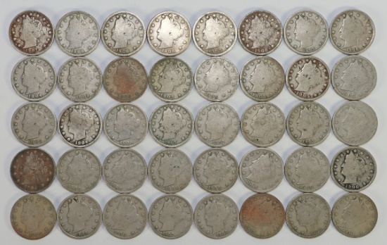 40 Liberty V Nickels; Various Dates 1904 to 1909