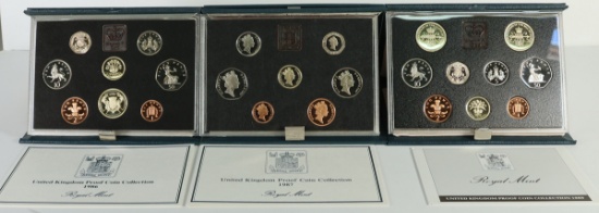 3 United Kingdom Proof Coin Collection Sets; 1986, 1987 & 1989