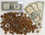 Small Bag Wheat Pennies, 1935D $1 Blue Seal Silver Certificate  & 3 $2 Red Seal Notes