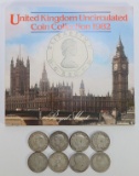 8 Canadian 80% Silver Quarters; Various Dates & UK British Unc Coin Set