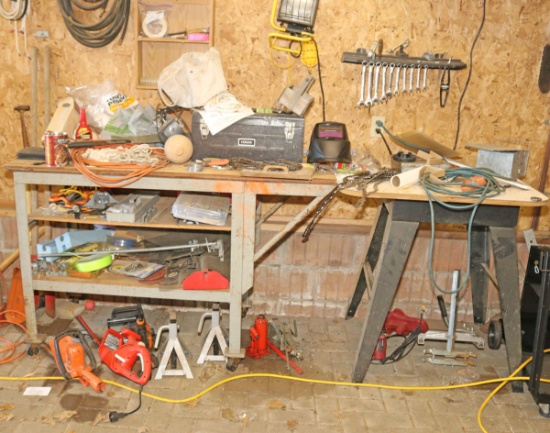 Metal Bench w/ Assorted Items, Hoses, Tools