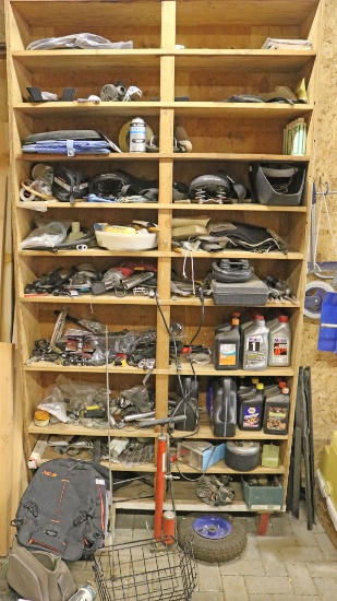 Contents of Shelf Unit: Bike Parts, Solvents & More.