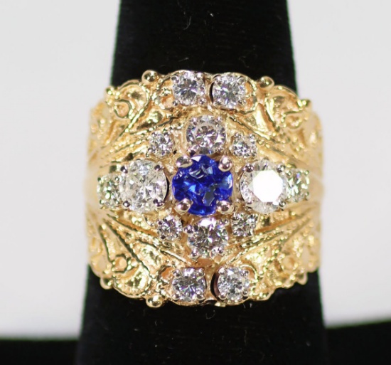 14K Gold Ring W/Sapphire Colored Stone & Diamonds, 9.5 Grams